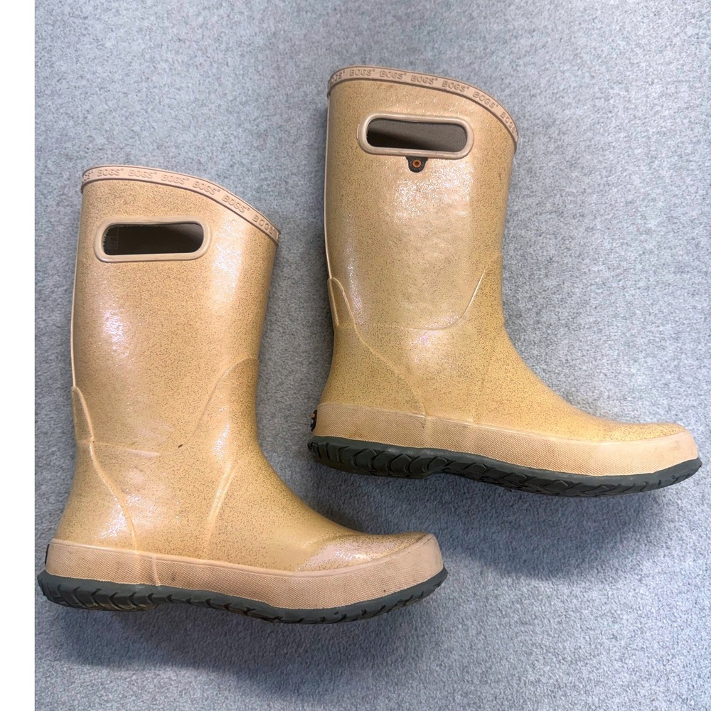 Bogs K Rainey Glitter Rain Boots Kids Size 4 Tan Gold Waterproof Pull On Handles
